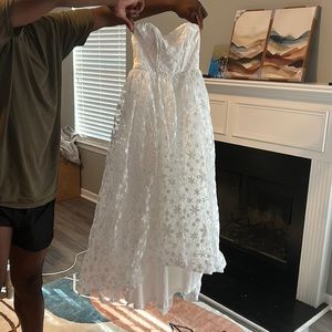 Beautiful White Floral Embroidered Strapless Tea Length Dress